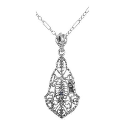 Art Deco Style Filigree Pendant w/ Blue Sapphire gemstone - Sterling Silver - FP-58-S