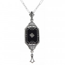 Art Deco Style Black Onyx Dangle Filigree Diamond Pendant Sterling Silver