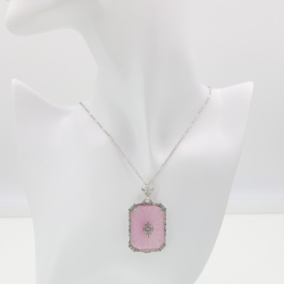 Vintage Style Filigree Pendant w/ pink colored pressed glass crystal diamond center- Sterling Silver - FP-583-PINK