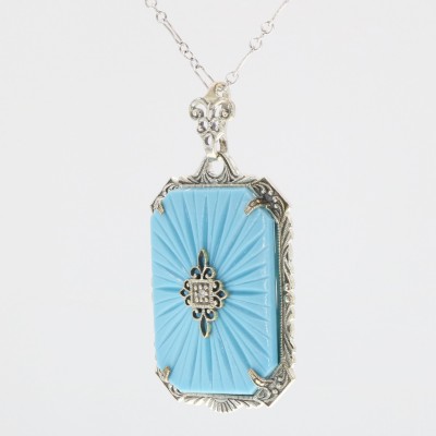 Vintage Style Filigree Pendant w/ turquoise colored pressed glass crystal diamond center- Sterling Silver - FP-583-T