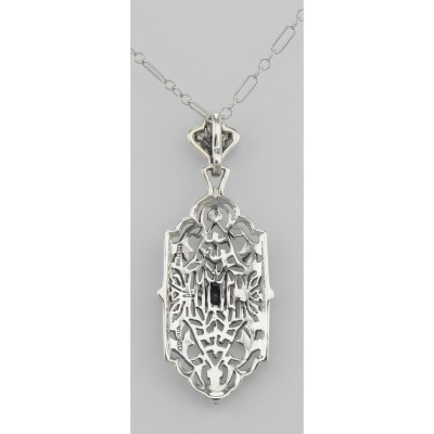 Art Deco Style Filigree Pendant w/ Blue Sapphire - Sterling Silver - FP-59-S