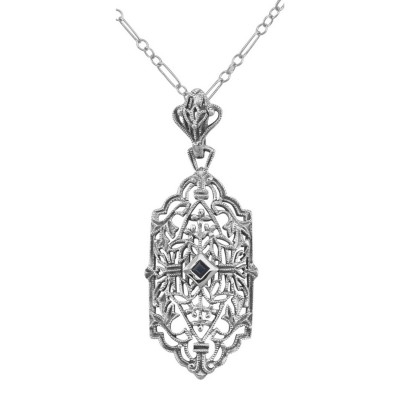 Art Deco Style Filigree Pendant w/ Blue Sapphire - Sterling Silver - FP-59-S