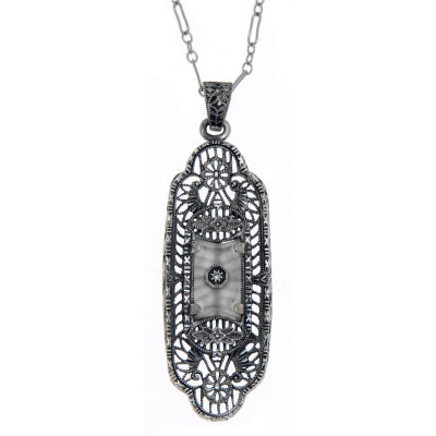 Unique Victorian Style Frosted Crystal Filigree Pendant w/ Diamond - Sterling Silver - FP-62-CR