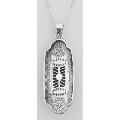 Unique Victorian Style Black Onyx Filigree Pendant w/ Diamond - Sterling Silver - FP-62-O