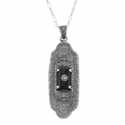 Unique Victorian Style Black Onyx Filigree Pendant w/ Diamond - Sterling Silver