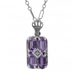 Art Deco Amethyst Filigree Diamond Pendant / 18 Chain Sterling Silver