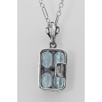Art Deco Blue Topaz Filigree Diamond Pendant 18 Chain Sterling Silver - FP-65-BT