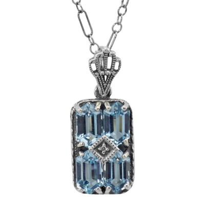 Art Deco Blue Topaz Filigree Diamond Pendant 18 Chain Sterling Silver - FP-65-BT