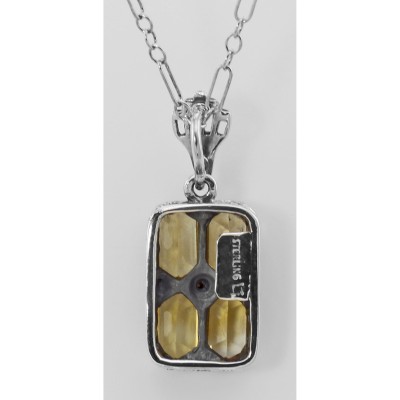 Art Deco Citrine Filigree Diamond Pendant w/ 18 Chain Sterling Silver - FP-65-C