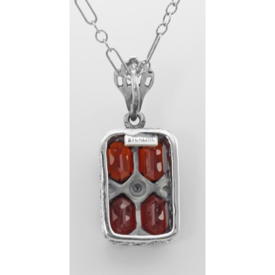 Art Deco Garnet Filigree Diamond Pendant 18 Chain - Sterling Silver - FP-65-G
