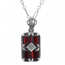 Art Deco Garnet Filigree Diamond Pendant 18 Chain - Sterling Silver