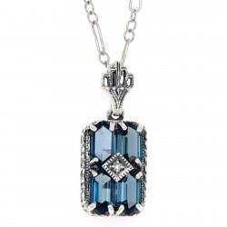 Art Deco London Blue Topaz Filigree Diamond Pendant 18 Chain Sterling Silver