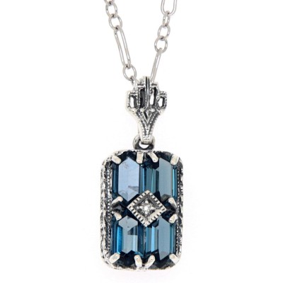 Art Deco London Blue Topaz Filigree Diamond Pendant 18 Chain Sterling Silver - FP-65-LBT