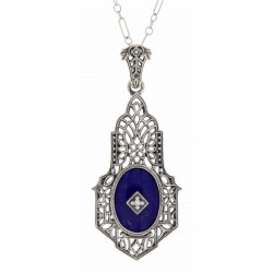 Art Deco Style Blue Lapis Diamond Pendant with Chain - Sterling Silver