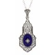 Art Deco Style Blue Lapis Diamond Pendant with Chain - Sterling Silver - FP-654-L