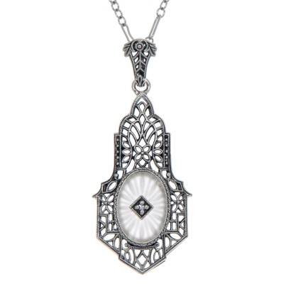 Sunray Camphor Glass Filigree Pendant w/ Diamond - Sterling Silver - FP-654-SR