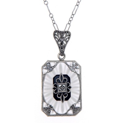 Crystal / Oynx Camphor Glass Filigree Diamond Pendant Sterling Silver - FP-830-SR-O