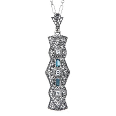 Art Deco Style London Blue Topaz and White Topaz Pendant - Sterling Silver with Chain - FP-924-LBT