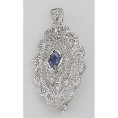 Beautiful Syn Blue Sapphire Filigree Pin / Brooch or Pendant Sterling Silver - FPN-14