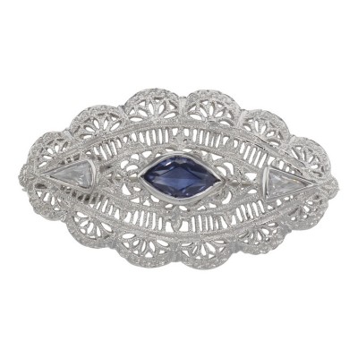 Beautiful Syn Blue Sapphire Filigree Pin / Brooch or Pendant Sterling Silver - FPN-14