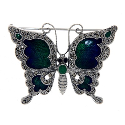 Antique Style Fine Enamel and Marcasite Butterfly Pin - Sterling Silver - FPN-147-MAR