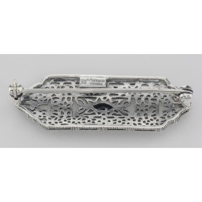 Art Deco Style Filigree Blue Sapphire Pin / Brooch - Sterling Silver - FPN-184