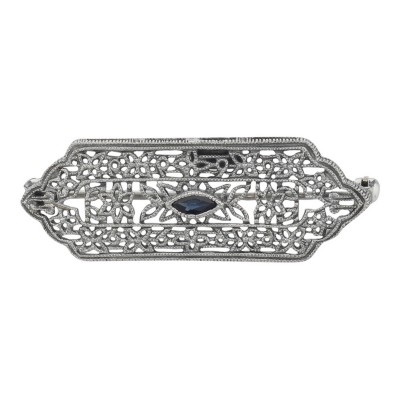 Art Deco Style Filigree Blue Sapphire Pin / Brooch - Sterling Silver - FPN-184