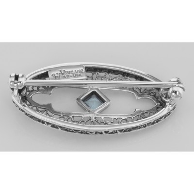 Antique Style Filigree Pin / Brooch with Genuine Blue Topaz Sterling Silver - FPN-186-BT