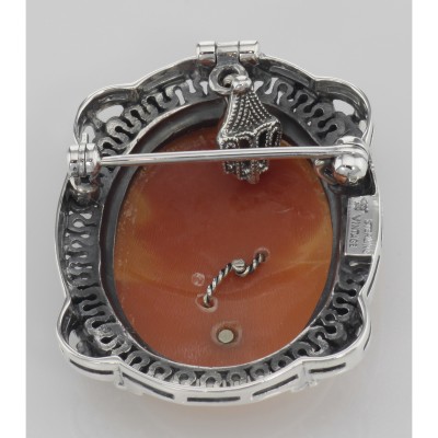 Victorian Floral Style Cameo Pin or Pendant with Diamond - Sterling Silver - FPN-200