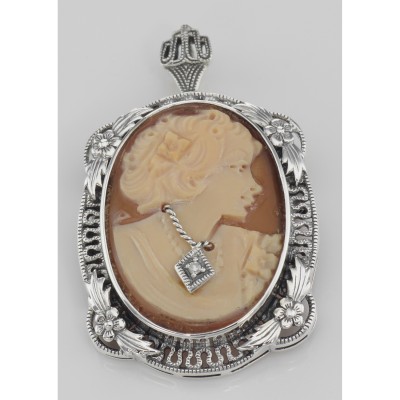 Victorian Floral Style Cameo Pin or Pendant with Diamond - Sterling Silver - FPN-200
