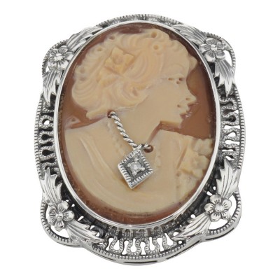 Victorian Floral Style Cameo Pin or Pendant with Diamond - Sterling Silver - FPN-200