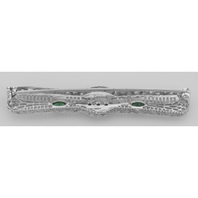 Art Deco Style Emerald and Diamond Pin Brooch in Fine Sterling Silver - FPN-221-E