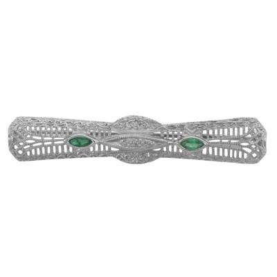 Art Deco Style Emerald and Diamond Pin Brooch in Fine Sterling Silver - FPN-221-E
