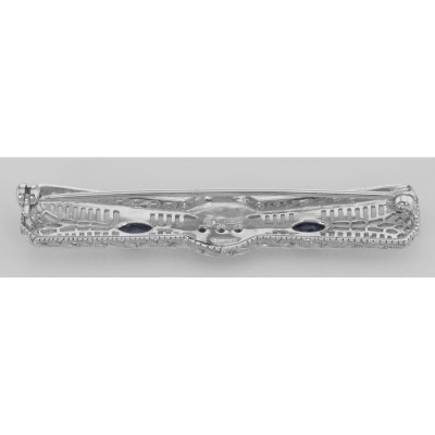 Art Deco Style Blue Sapphire / Diamond Pin Brooch Fine Sterling Silver - FPN-221-S