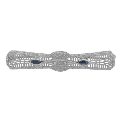 Art Deco Style Blue Sapphire / Diamond Pin Brooch Fine Sterling Silver - FPN-221-S