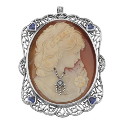 Large Italian Handcarved Cameo Pin Pendant w/ Sterling Silver Filigree Frame - FPN-209