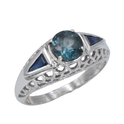 Art Deco Filigree London Blue Topaz Ring with Natural Sapphire Accents Sterling Silver - FR-118-LBT