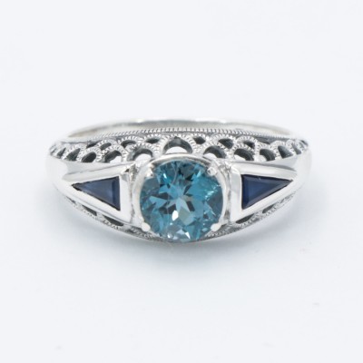 Art Deco Filigree London Blue Topaz Ring with Natural Sapphire Accents Sterling Silver - FR-118-LBT