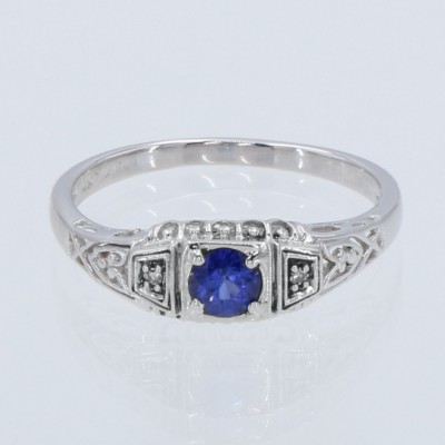 14kt White Gold Blue Sapphire Filigree Ring w/ 2 Diamond Accents Art Deco Style - FR-123-S-WG