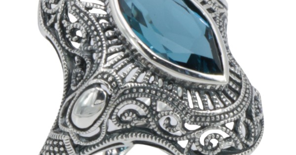 Vintage Sterling Silver Blue Topaz Filigree Ring, Thailand SZ 6.5