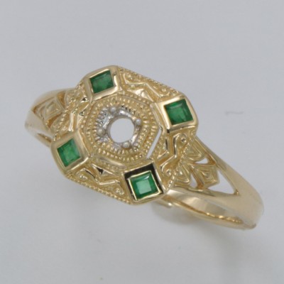 Art Deco Style Semi Mount 2mm Center with Natural Emeralds Accents Filigree Ring 14kt Yellow Gold - FR-1269-SEMI-E-YG