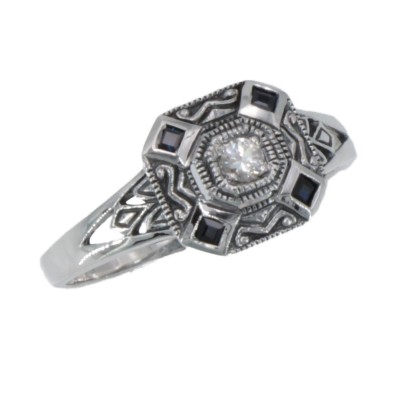 White and Blue Sapphire Filigree Ring - Deco Style - Sterling Silver - FR-1269-WS-S