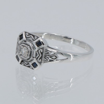 White and Blue Sapphire Filigree Ring - Deco Style - Sterling Silver - FR-1269-WS-S