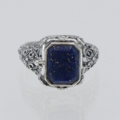 Vintage Inspired Black Onyx and Lapis Filigree Flip Ring - Sterling Silver - FR-175-O-L