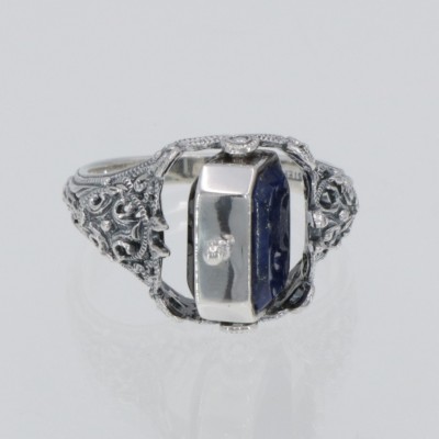 Vintage Inspired Black Onyx and Lapis Filigree Flip Ring - Sterling Silver - FR-175-O-L
