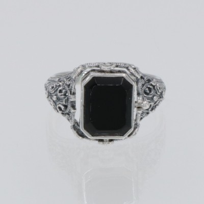 Vintage Inspired Black Onyx and Lapis Filigree Flip Ring - Sterling Silver - FR-175-O-L