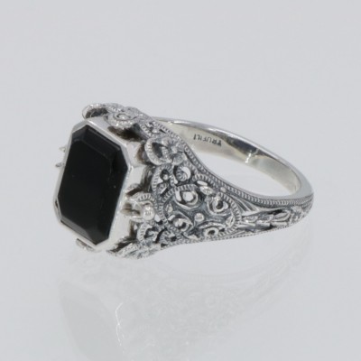 Vintage Inspired Black Onyx and Lapis Filigree Flip Ring - Sterling Silver - FR-175-O-L