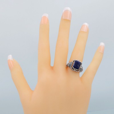 Vintage Inspired Black Onyx and Lapis Filigree Flip Ring - Sterling Silver - FR-175-O-L