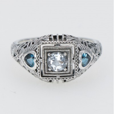 Art Deco White Topaz Filigree Ring London Blue Topaz Accents Sterling Silver - FR-1824-LBT-WT