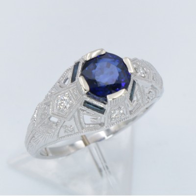 Art Deco Blue Sapphire Filigree Ring Diamond and Sapphire Accents 14kt White Gold - FR-1832-S-D-WG